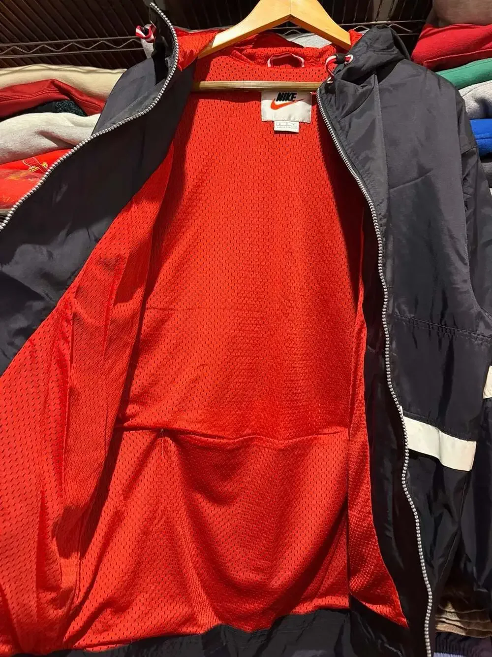 Vintage Nike Black and Red Hooded Windbreaker Jacket Medium White Tag